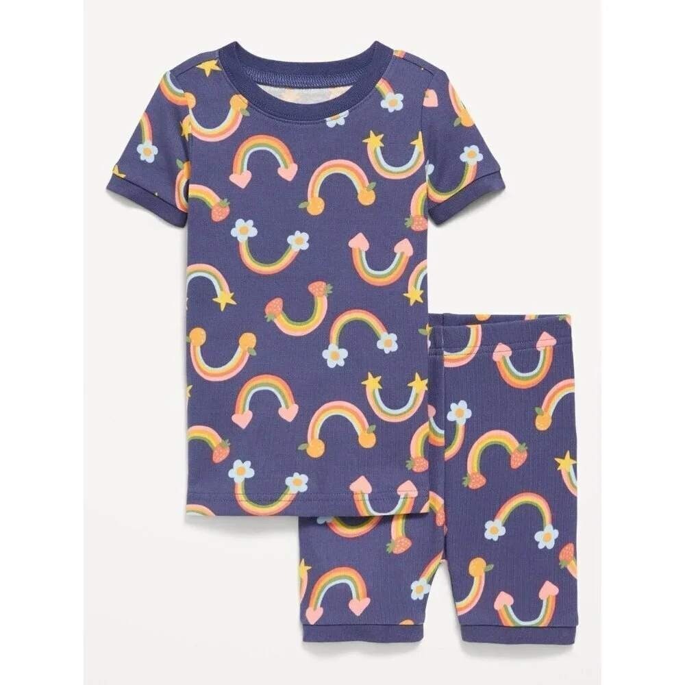 Old Navy Kids 2T Rainbow Star Strawberry Pajama Set Navy Blue 2pc Cotton PJs
